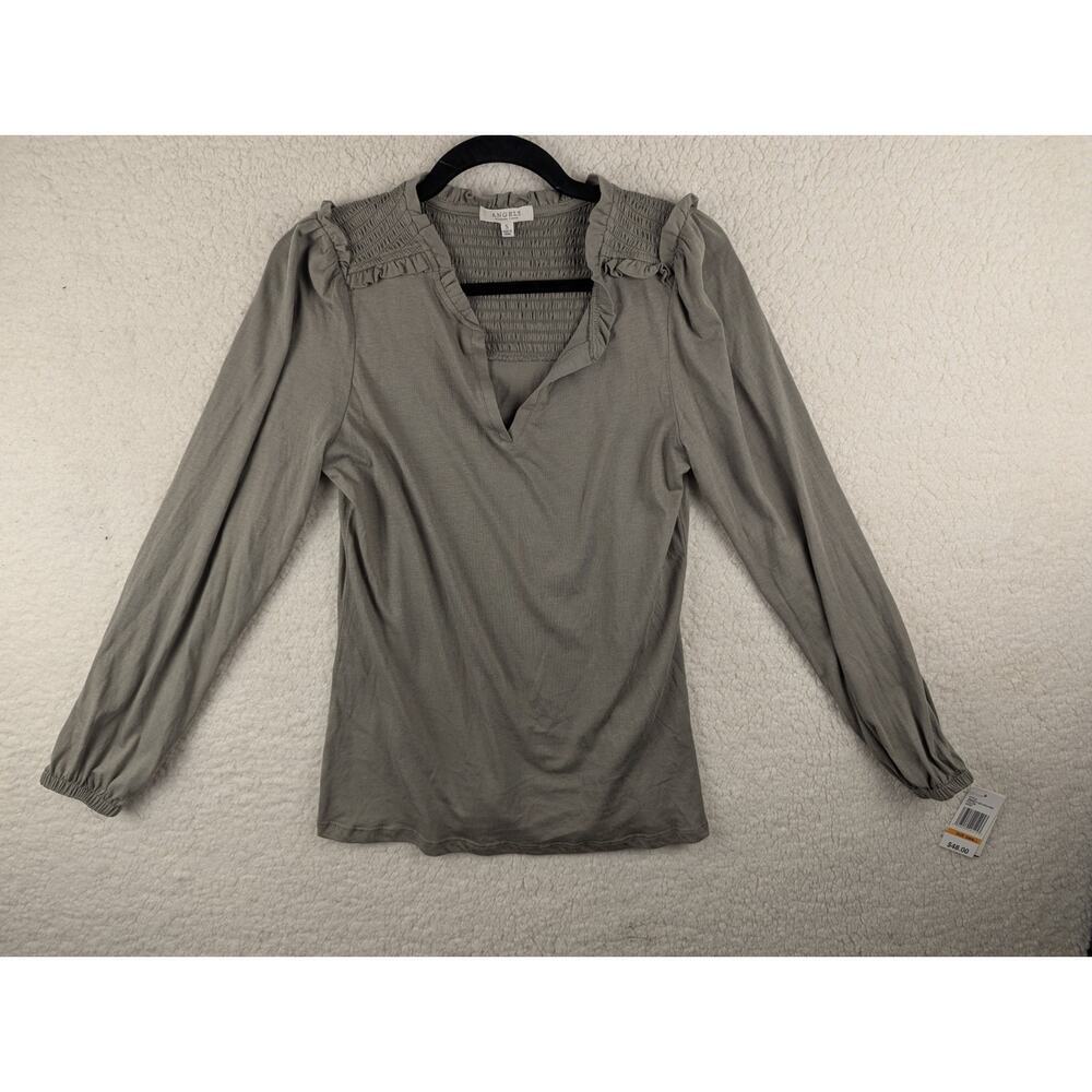 Angels Forever Young Olive Green Smocked Ruffle Split Neck Long Sleeve Top Small